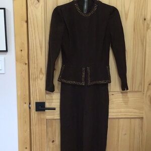 Vintage Brown Wool Studded Long Sleeve Dress